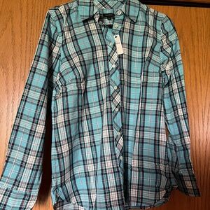 Talbots Blue and Black Blouse Bold Plaid Pattern